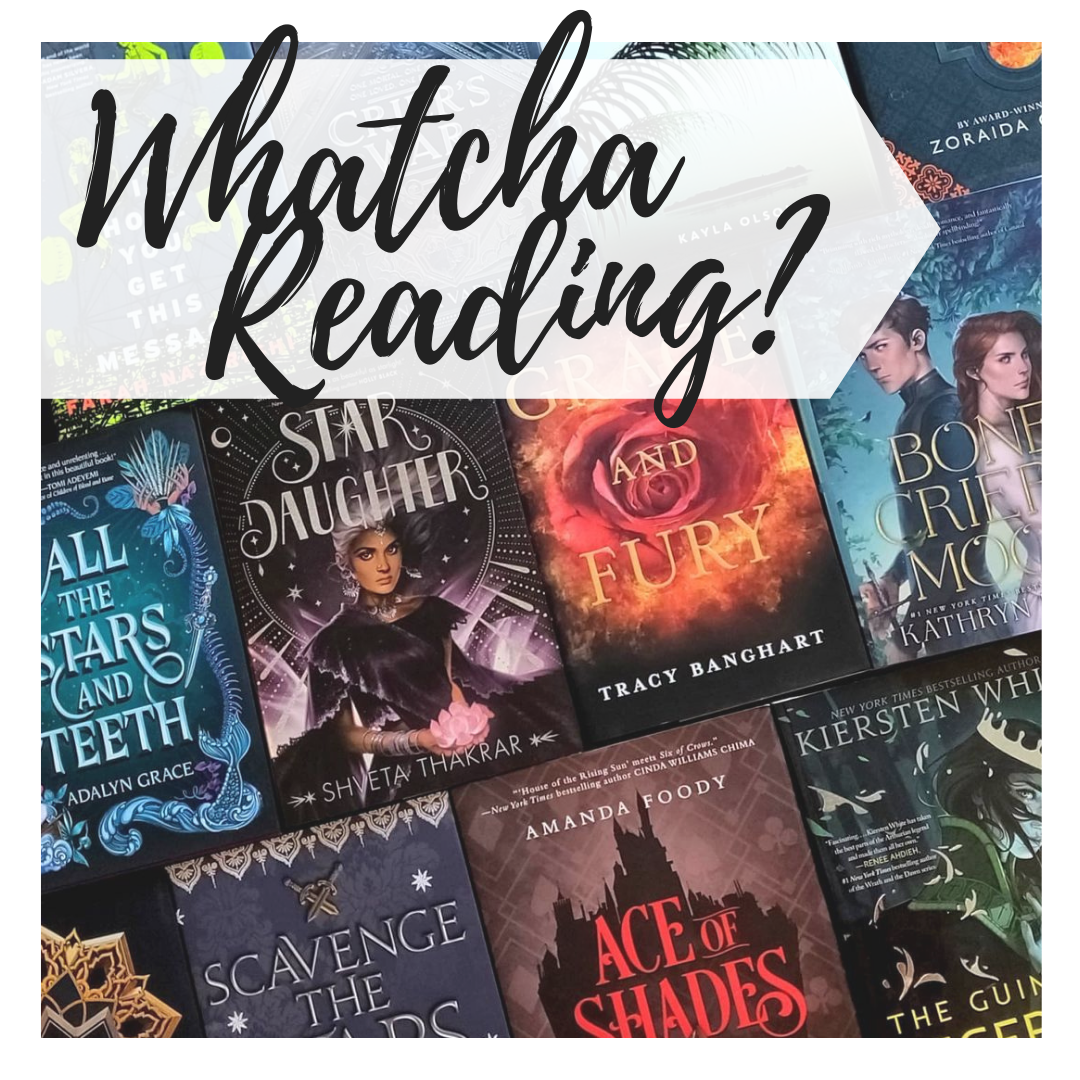 Image says 'Whatcha Reading?' with a white border on top of book covers laid out flat.