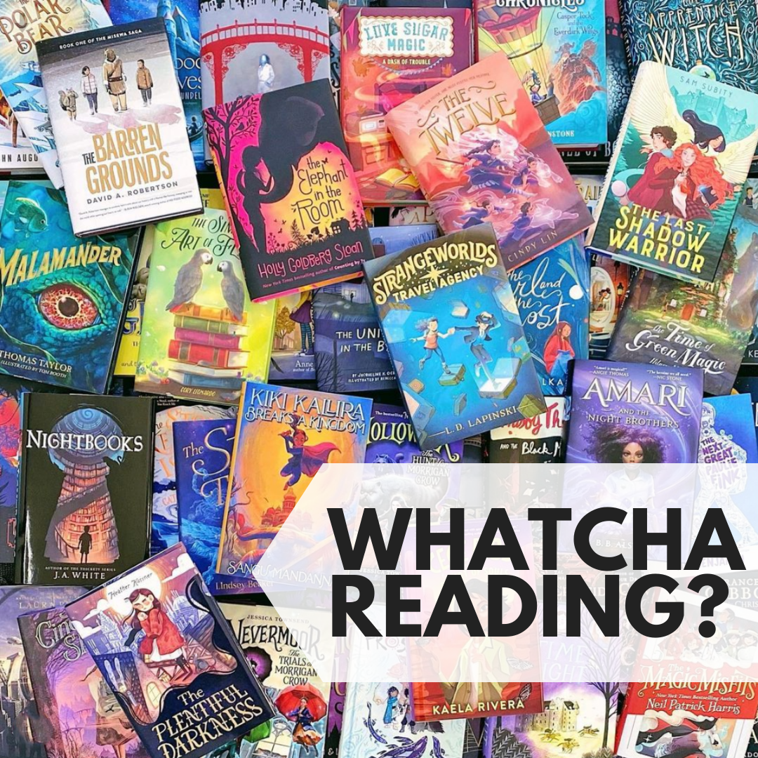 Text reads Whatcha Reading? Image shows various OwlCrate Jr boos from the past all piled on one another.