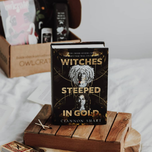 A copy of Witches Steeped in Gold standing on a small wooden pallet on top of a white blanket with an open OwlCrate box in the background