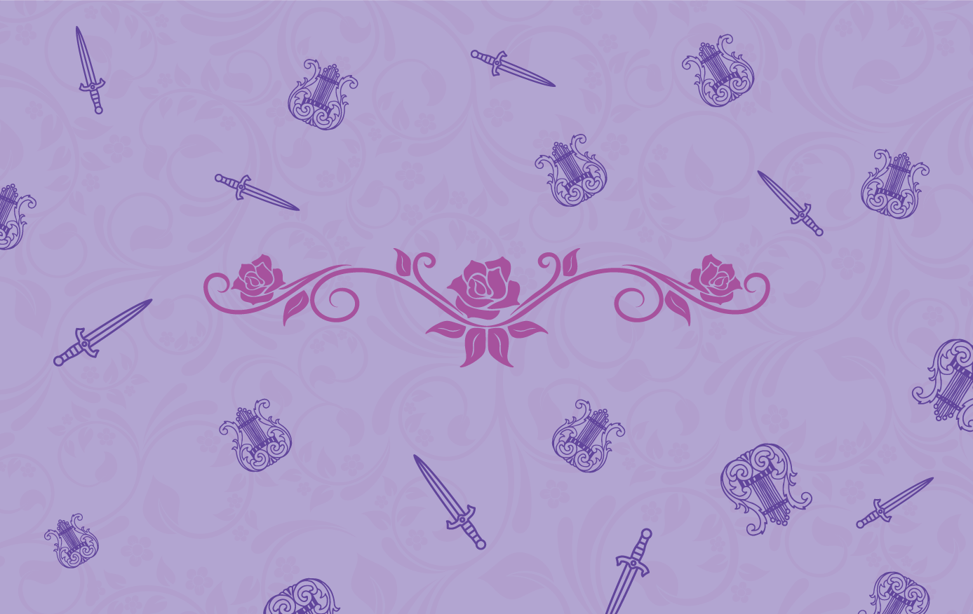 Swords and harps repeat on a light purple damask background. Three stylized pink roses centered.