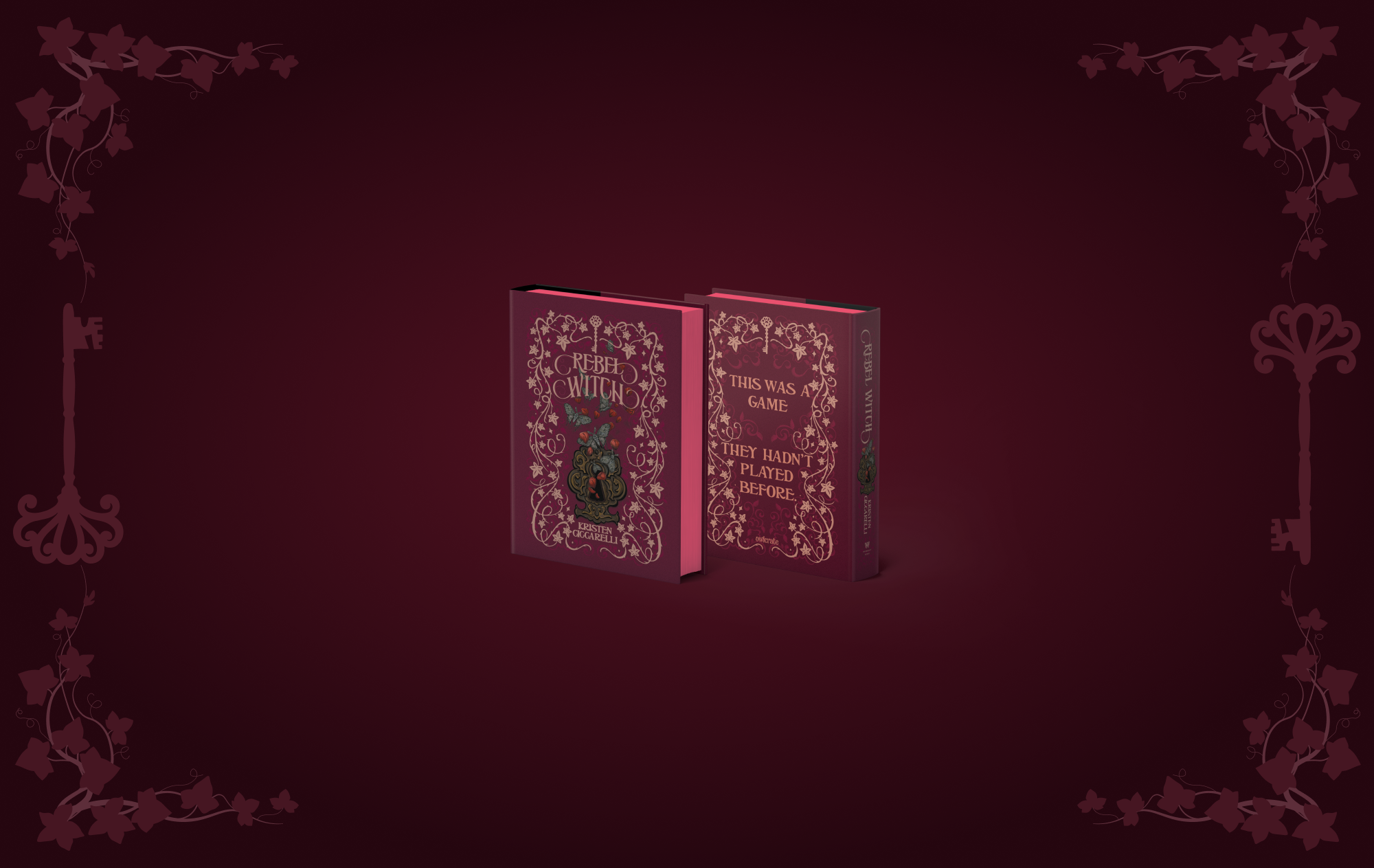 Deep red background with vines and keys along the frame. Small versions of the OwlCrate exclusive edition of Rebel Witch centered.