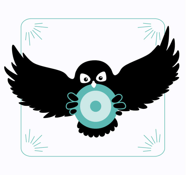 An icon of a black owl with its wings spread out and holding a target in front of its body with its claws. The target has teal and very pale blue rings. The background is white, and there is a teal border behind the owl.