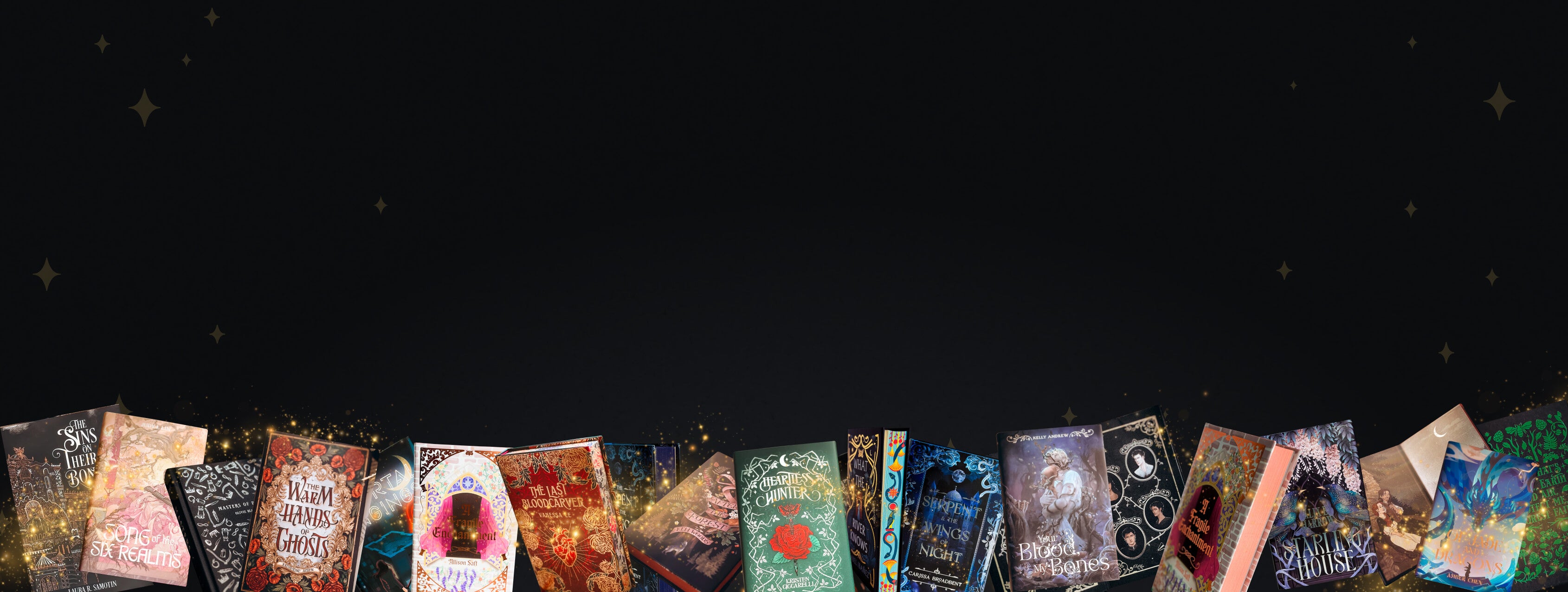 Image with a black background and ya and adult fantasy books designed by OwlCrate in the bottom