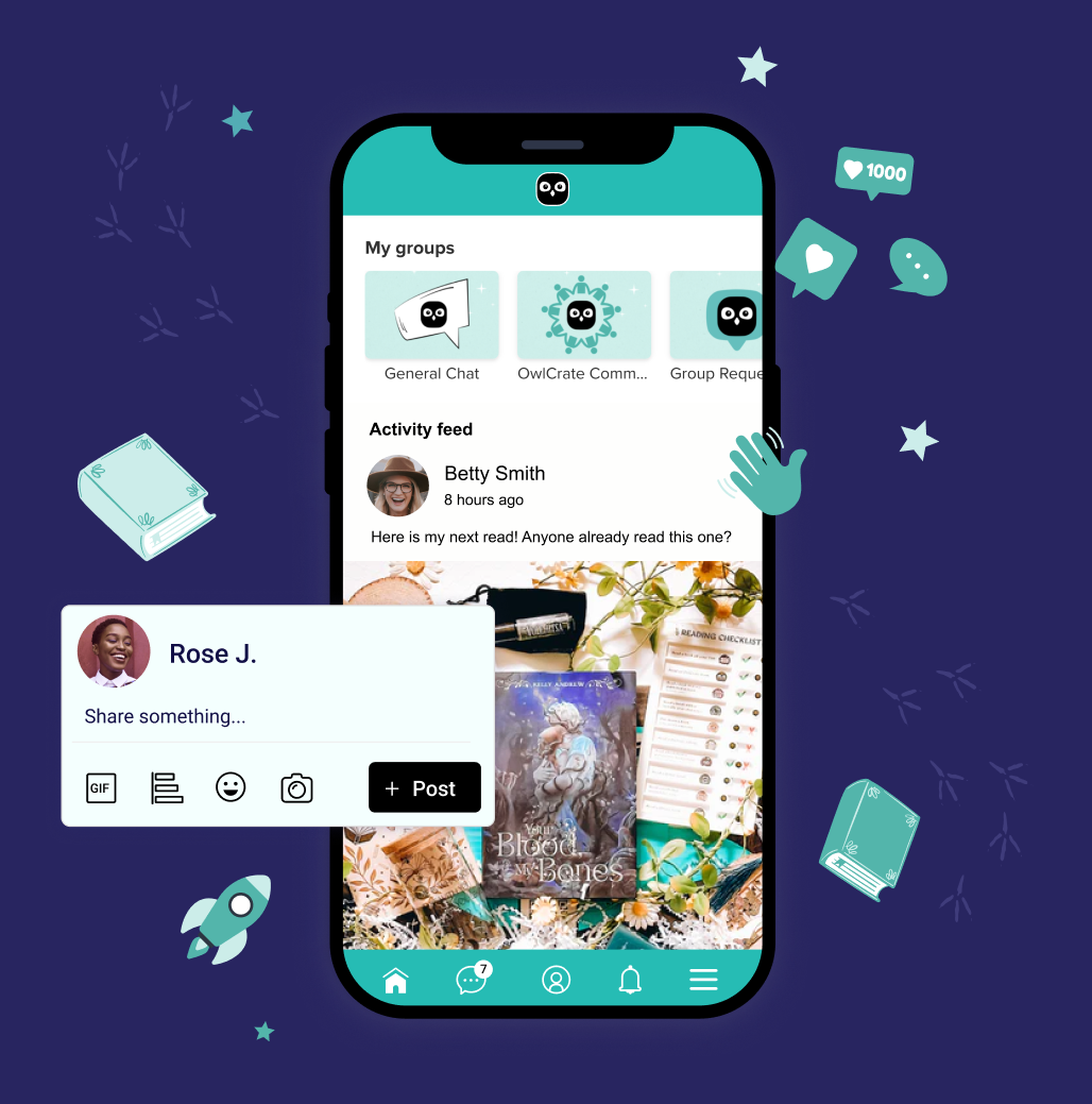 Visual representation of the OwlCrate App for the bookish community (The Nest App)